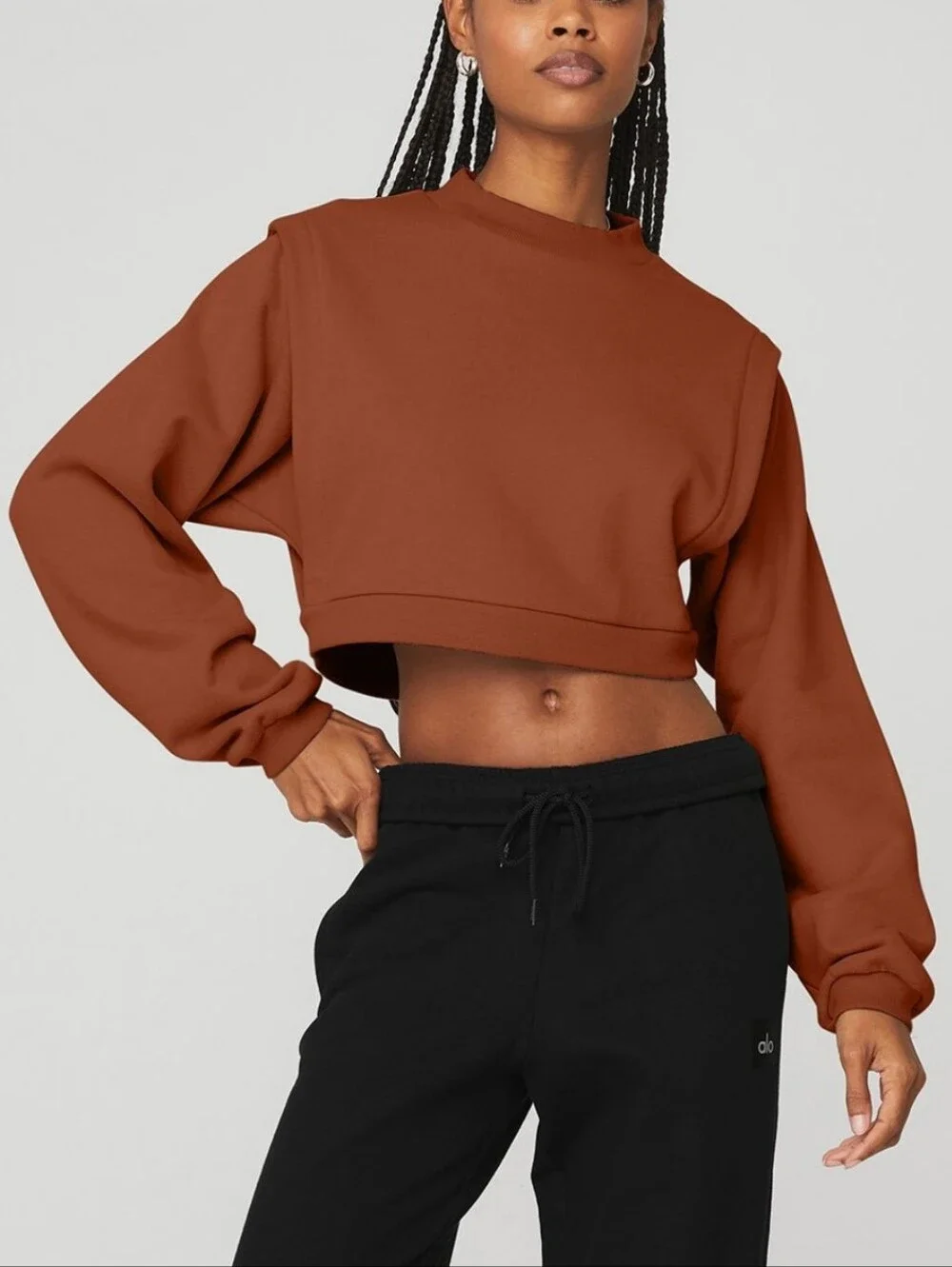 ALO Cropped Fresh Coverup Sweatshirt Rust Brown Athleisure Minimalist Streetwear